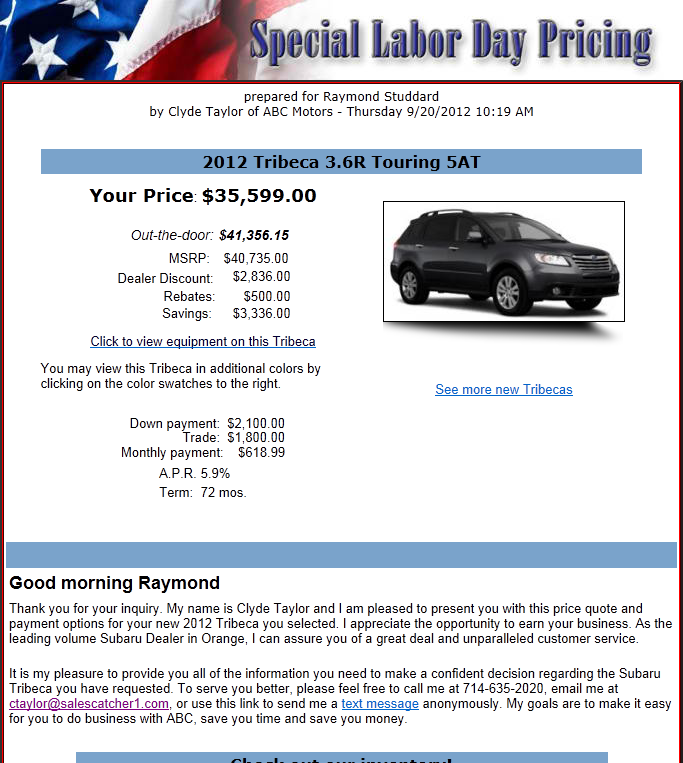 subaru tribeca email price quote